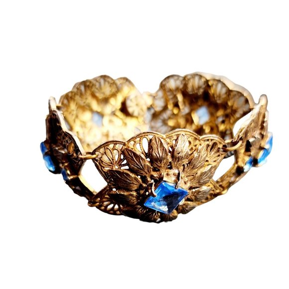 Vintage Czech Faceted Glass & Brass Filigree Bracelet (A4270) - Picture 2 of 9